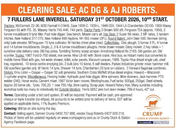 Inverell Clearing Sale: 31/10/2026